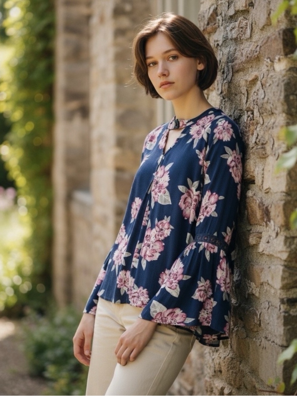 Altar'd State Blue Boho Floral Choker Neck Blouse Bell Sleeves Gypsy Womens Sz M